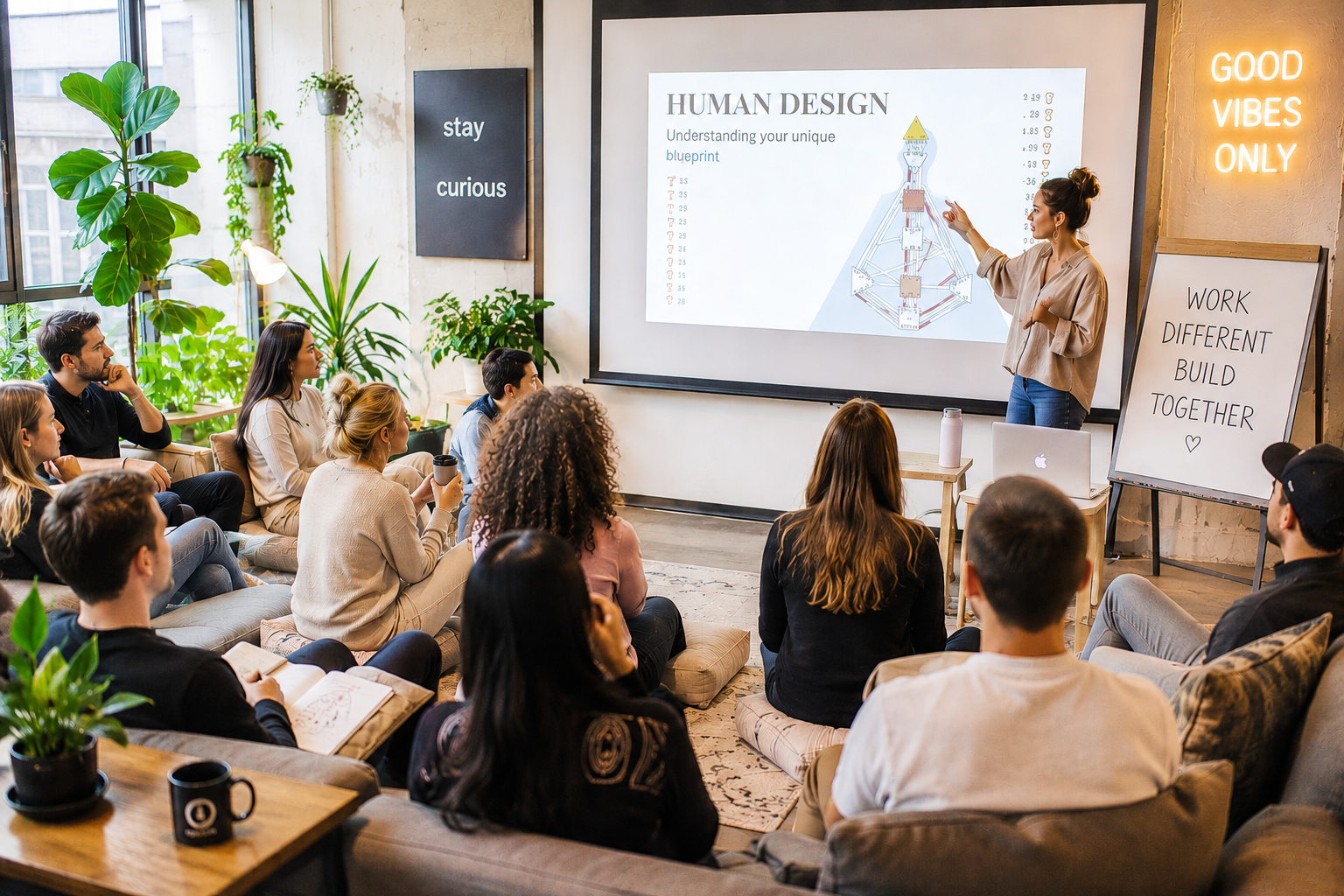 Woman leading human design workshop for company team-building event