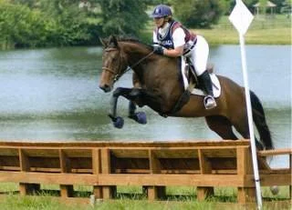 Equestrian rider and horse jumping over a water obstacle in a competition