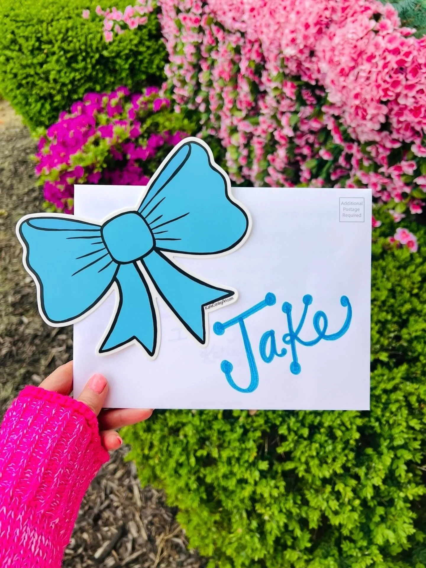 Equal opportunity bows over here 🎀🩵🌈✨ My men are getting bows too. No exceptions. 

#happymail #papergoods #colorfuldesign #stationerylove #katieconleyart