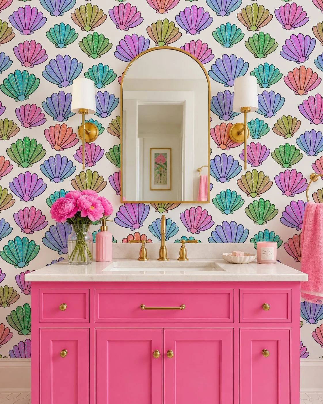 Dreaming in shells, sunshine, and hot pink. 
🐚💕🌈✨ Seeing my Seaside Social Club pattern imagined as wallpaper makes me smile every time. This collection was made for colorful homes, happy spaces, and brands looking for a fresh take on coastal styl