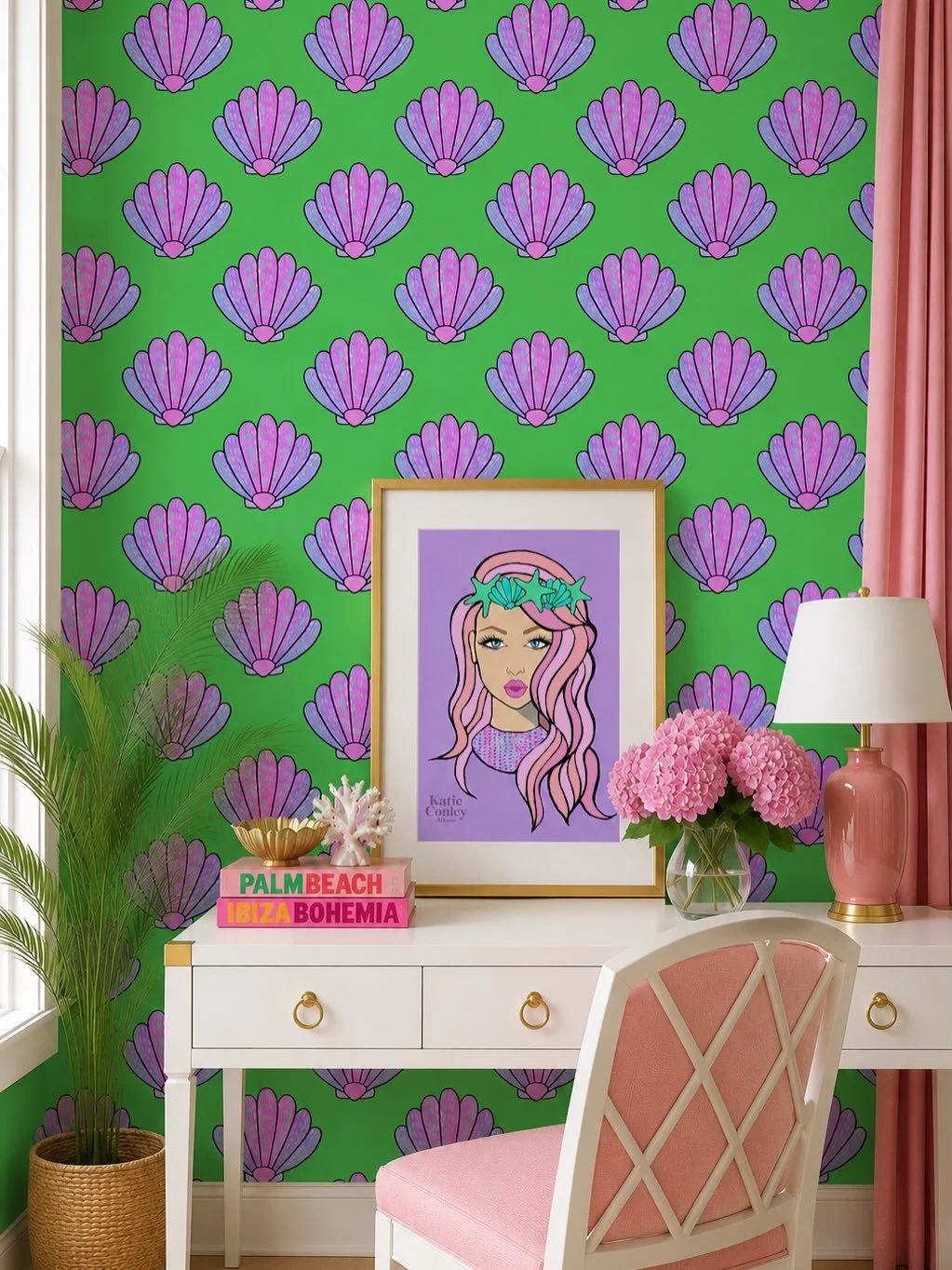 Mermaid dreams meet maximalist color. 🌊✨

#KatieConleyArt #SurfacePatternDesign #WallpaperDesign #CoastalStyle #PalmBeachStyle ColorfulHome MaximalistDecor BeachHouseDecor ShellPattern PinkDecor InteriorInspo PatternDesign ArtLicensing PalmBeachGlam