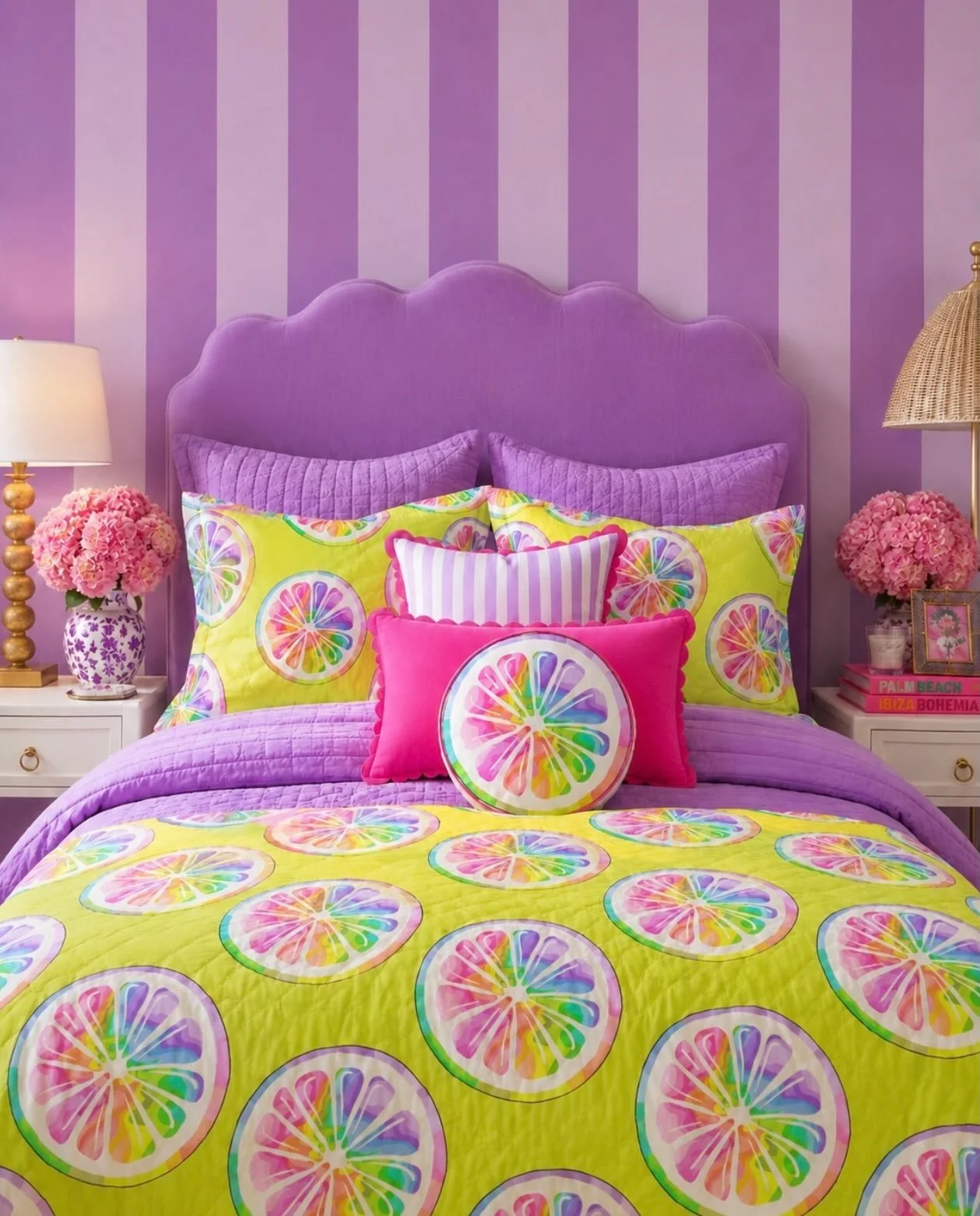 Another happy little moment from my Citrus &amp; Champagne collection. 🍋🥂 Bright colors, rainbow citrus, and the kind of bedding that makes waking up a little more fun. ✨🌈

#KatieConleyArt #SurfacePatternDesign #ArtLicensing #HomeDecor #CitrusAndC