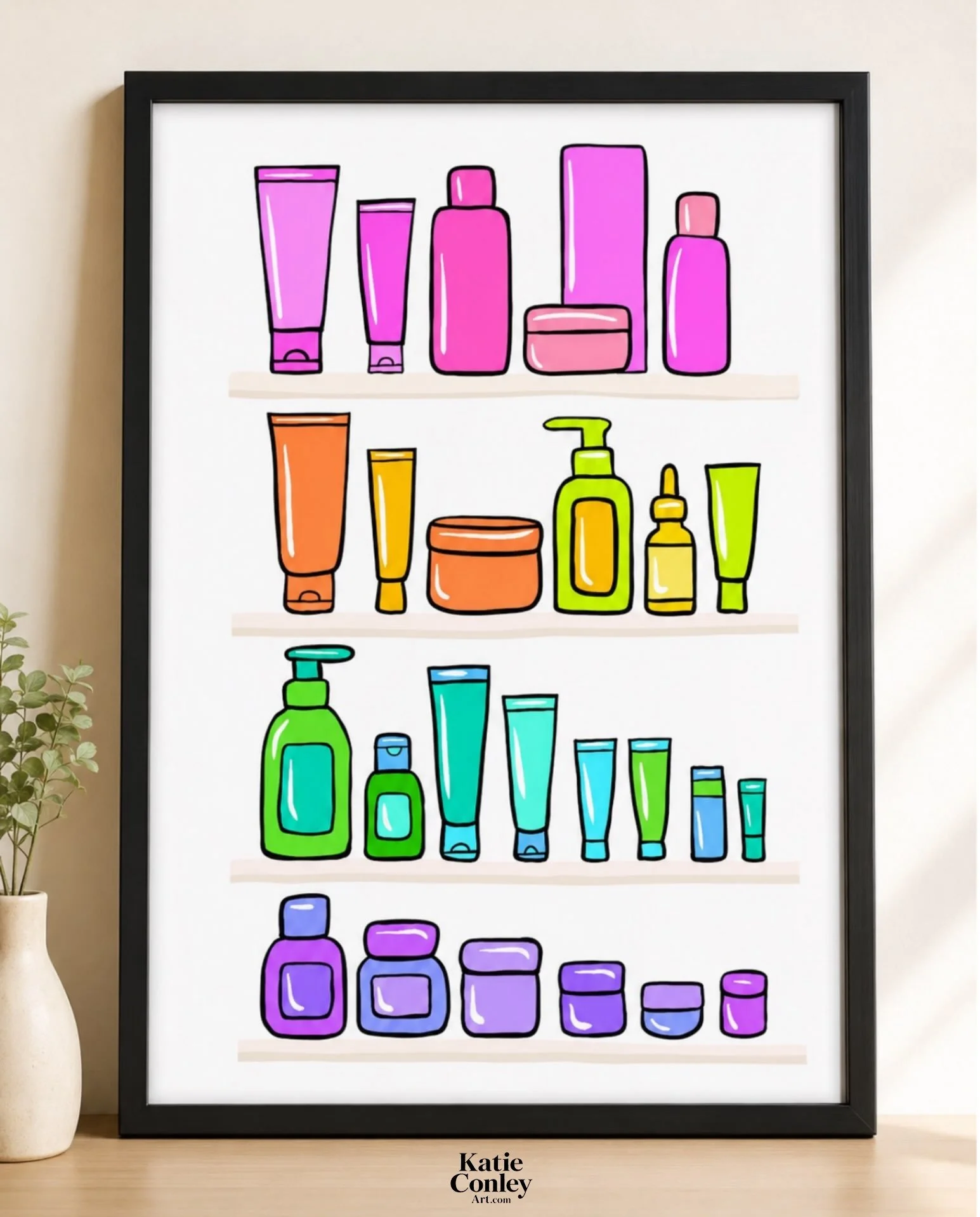 Inspired by a tween&rsquo;s colorful skincare shelf, this playful illustration celebrates vibrant bottles, self-care moments, and all things bright and happy.

Designed with licensing in mind, I can see this artwork on cosmetic bags, journals, statio