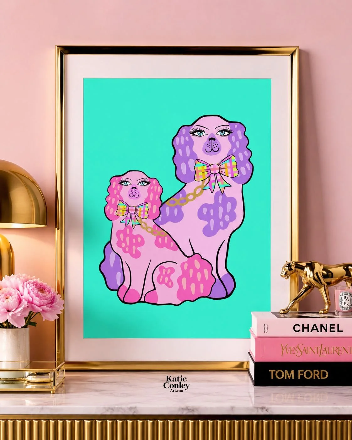 Posh Pooches, but make it art. 🐩🎀✨

A little pink, a little purple, a fabulous plaid bow, and plenty of personality. 💕 I love seeing my hand-drawn pups go from the sketchbook to a statement piece for the home.

#KatieConleyArt #PoshPooches #Surfac