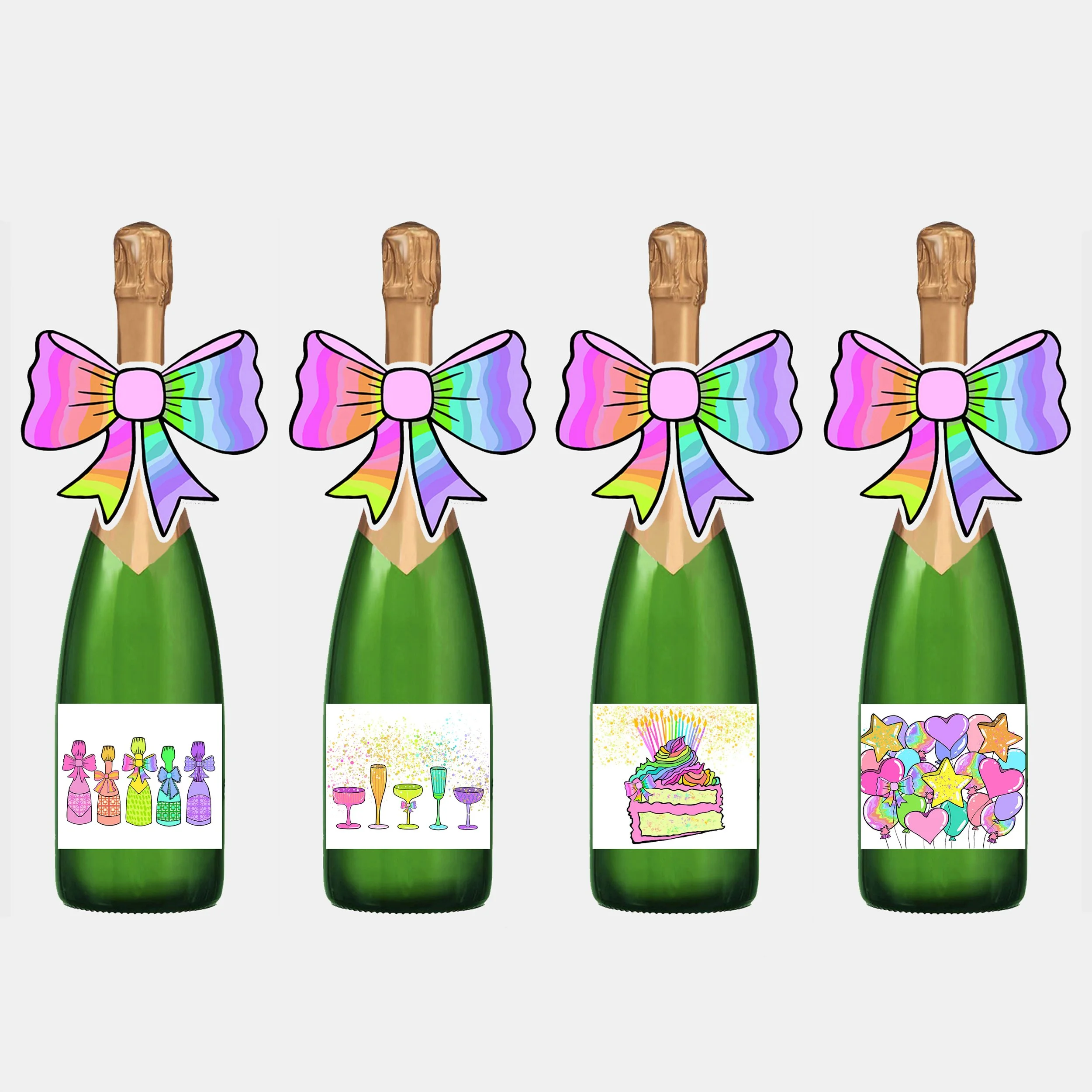 Champagne Bottle Label + Bow Topper (Four) Set