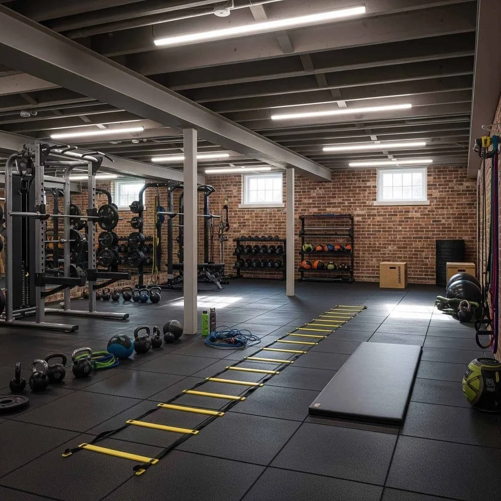 Empty indoor gym with workout equipment, including kettlebells, dumbbells, medicine balls, a agility ladder, mats, and resistance bands, with brick wall and windows in the background.