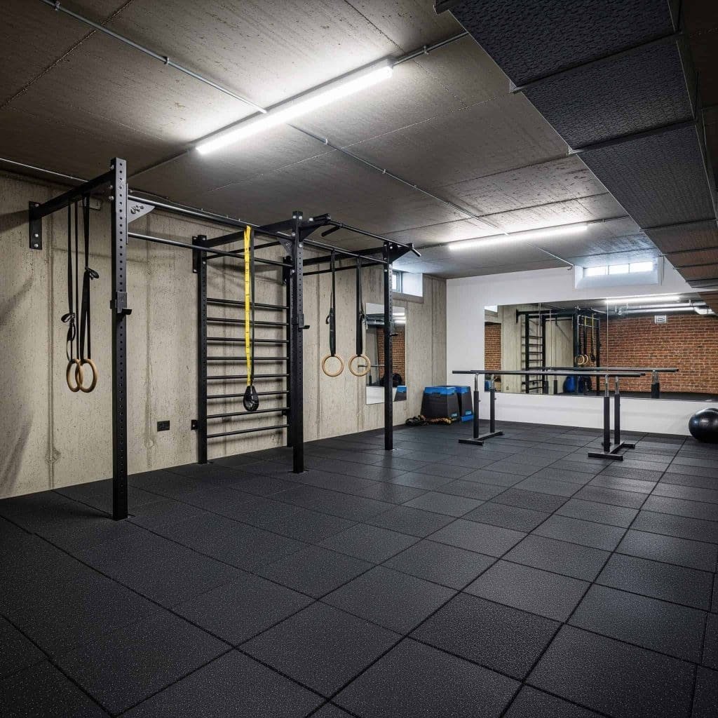 Empty gym with black rubber flooring, gymnastic rings, ladders, and exercise equipment.