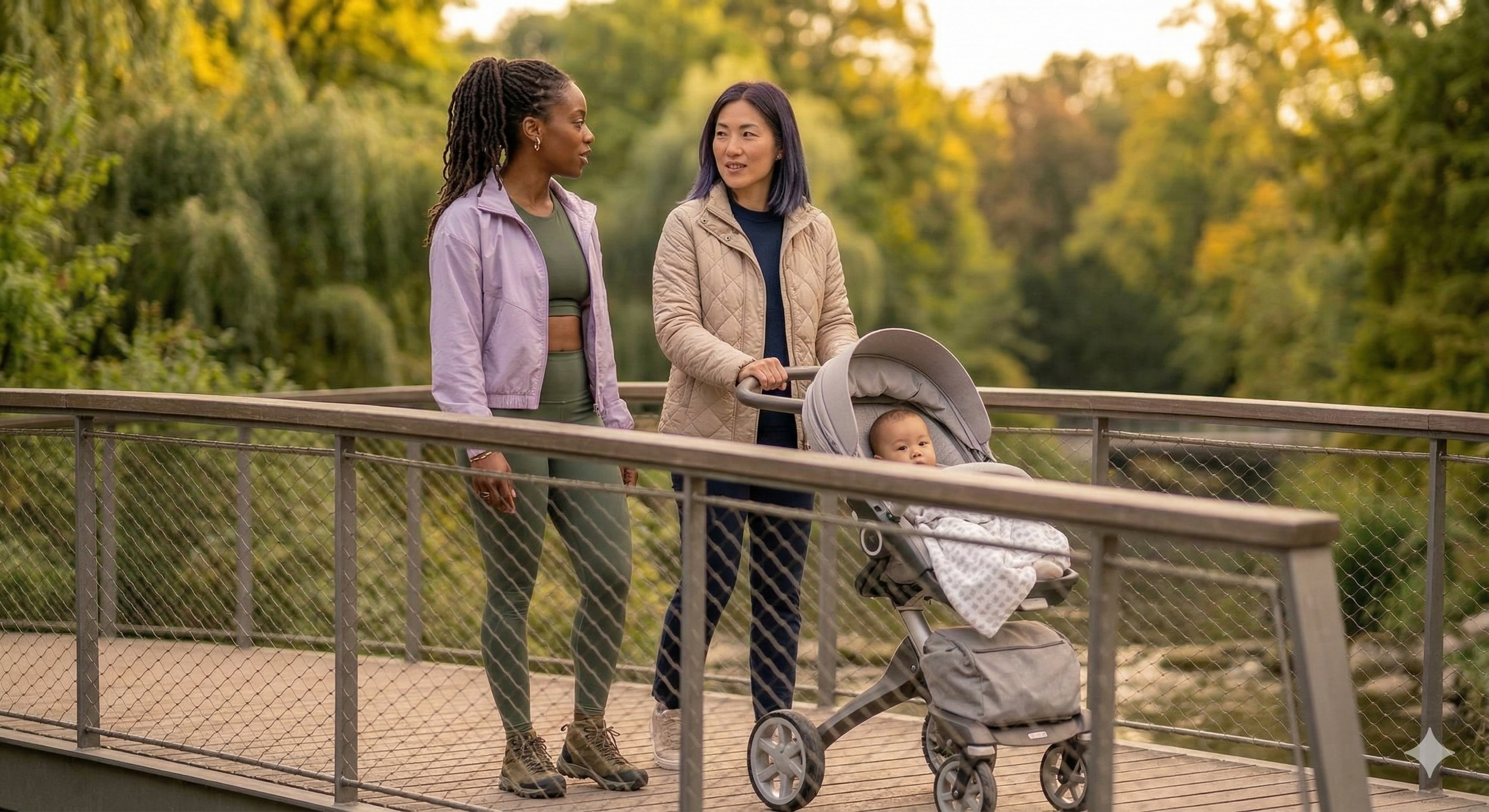 A psychotherapist is walking with her client, a new mother adjusting to post-partum issues while on a Walk and Talks session in a park. Clients are always welcome to bring their babies under the age of two in a stroller for their session.