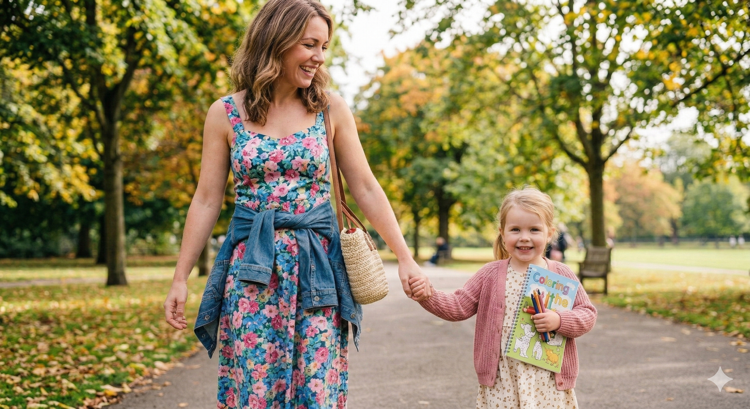 A chid psychotherapist holds hands with her young client for safety while walking in a park surrounded by trees. The girl is holding a coloring book and colored pencils. They will stop on a bench to do art therapy in the park.