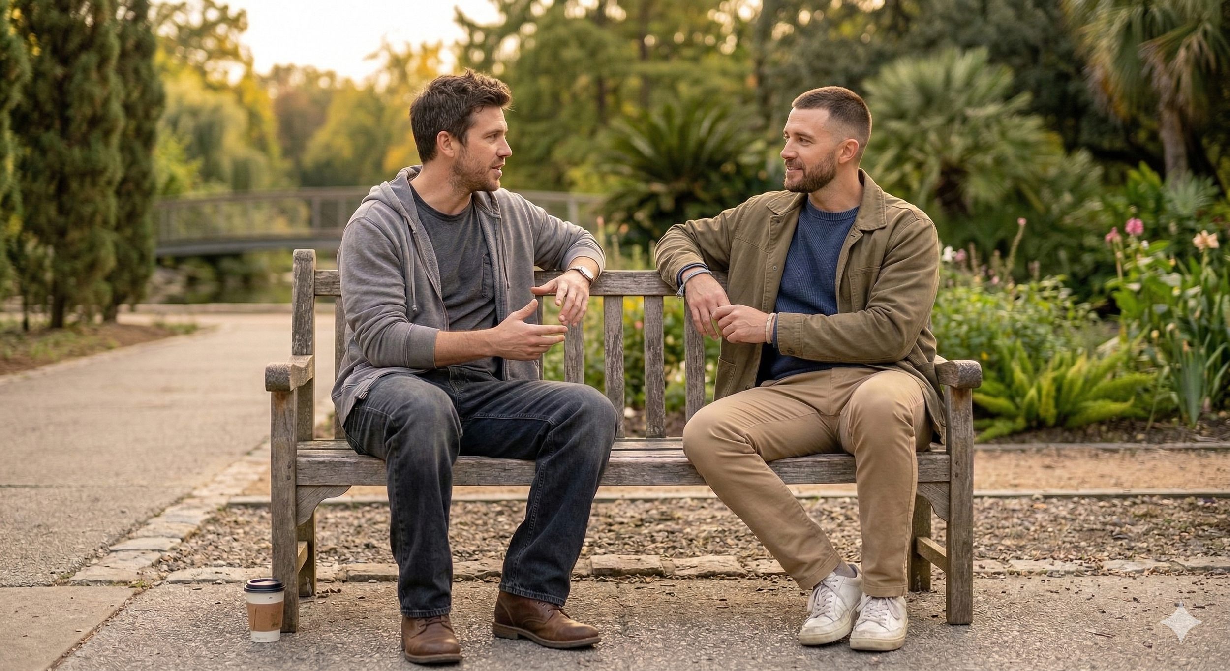 A male walking psychotherapist and his male client have an outdoor walking session in a park.