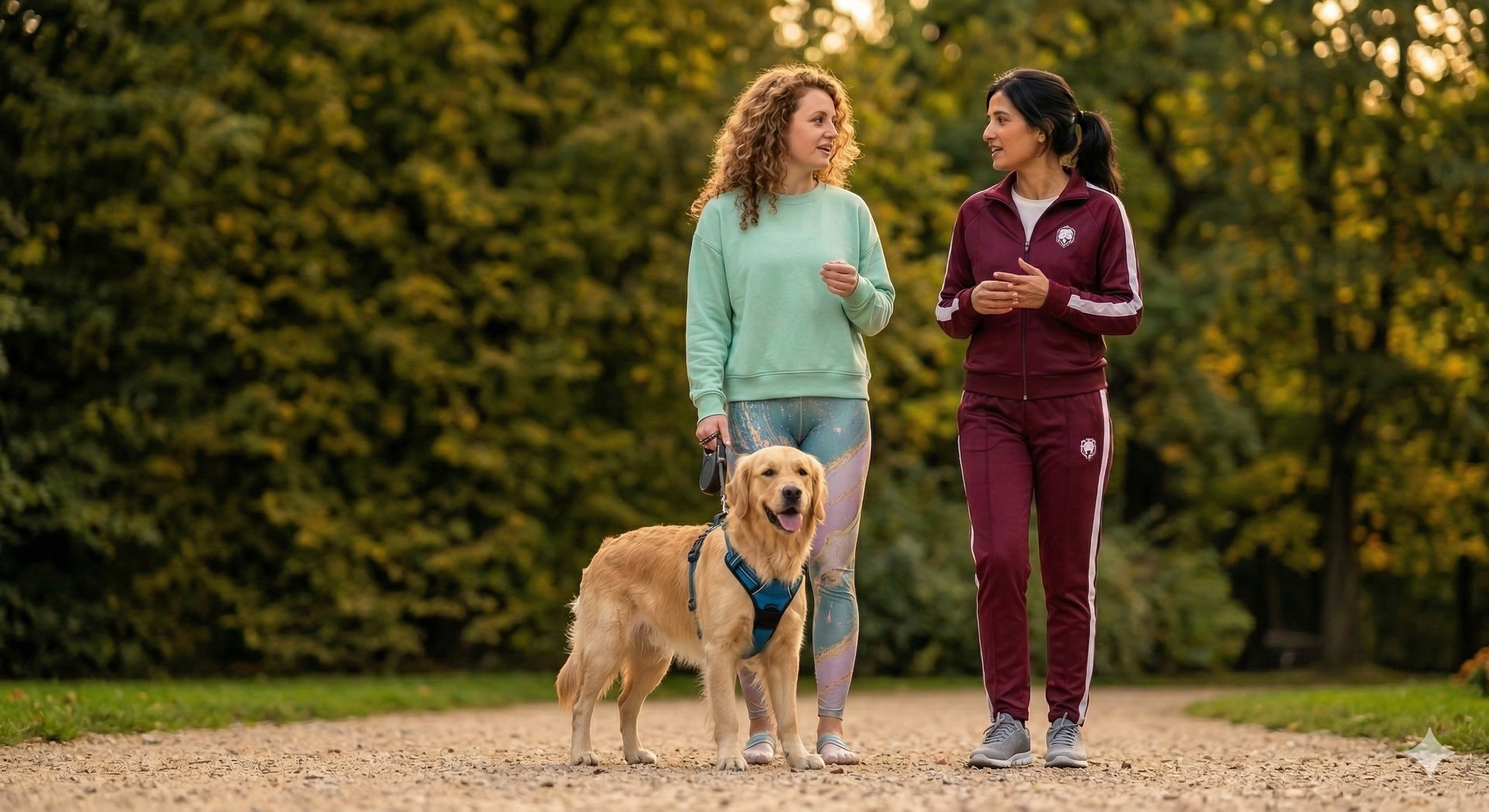 A Walk and Talks, LLC certified psychotherapist is on a walking session with her client and their dog. Clients are always welcome to walk their dogs during their Walk and Talk session.