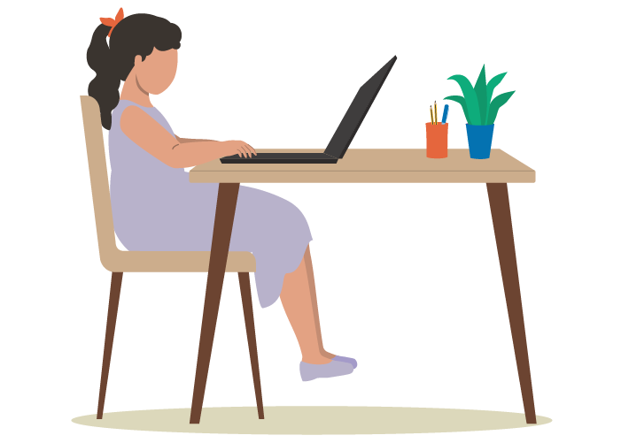 A girl with dark hair tied with an orange ribbon, sitting at a wooden desk working on a laptop. The desk has a potted plant and a container holding pens and pencils.