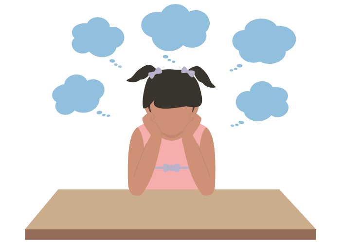 A girl sitting at a table with her hands on her face, surrounded by several cloud-shaped thought bubbles indicating she is feeling overwhelmed or anxious.