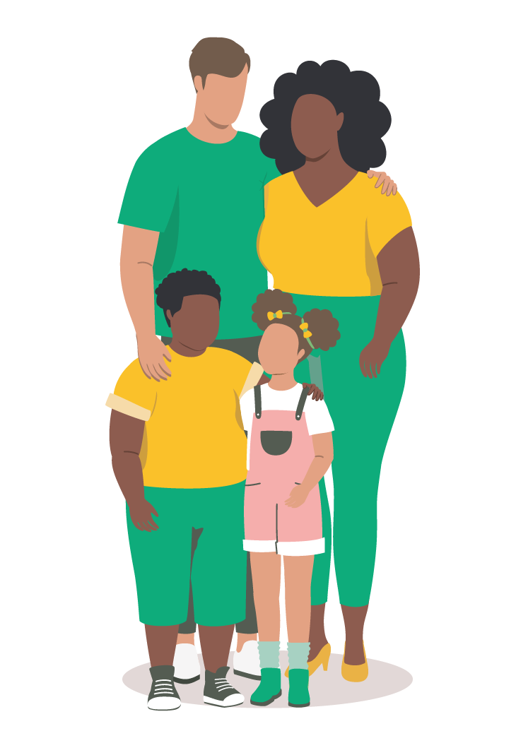 Illustration of a diverse family, including an adult man and woman with two children, standing together in a casual pose.