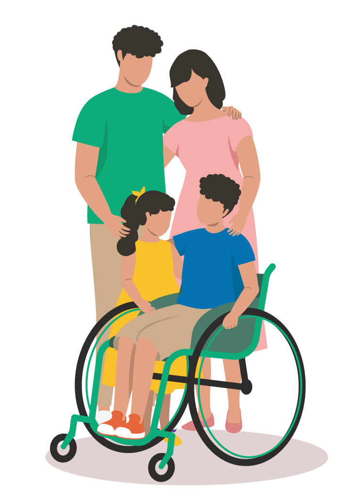 Family of four with one child in a wheelchair and an adult woman with two kids standing beside her.