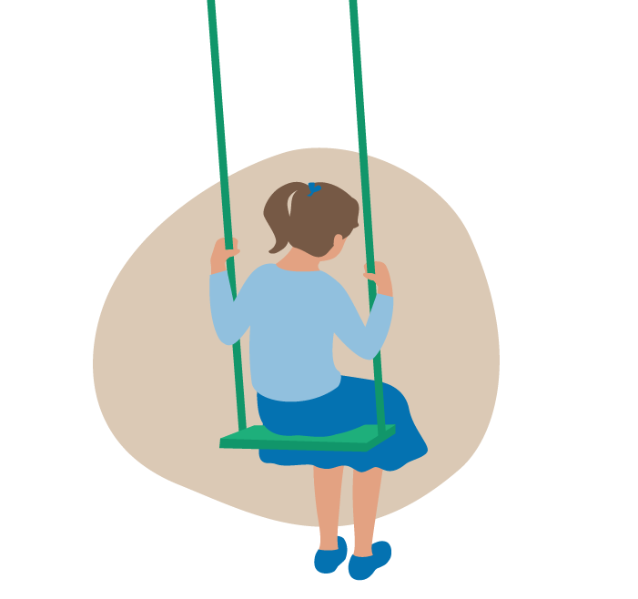 A young girl sitting on a green swing with a beige background, wearing a light blue top, dark blue skirt, and blue shoes, with her hair tied back.