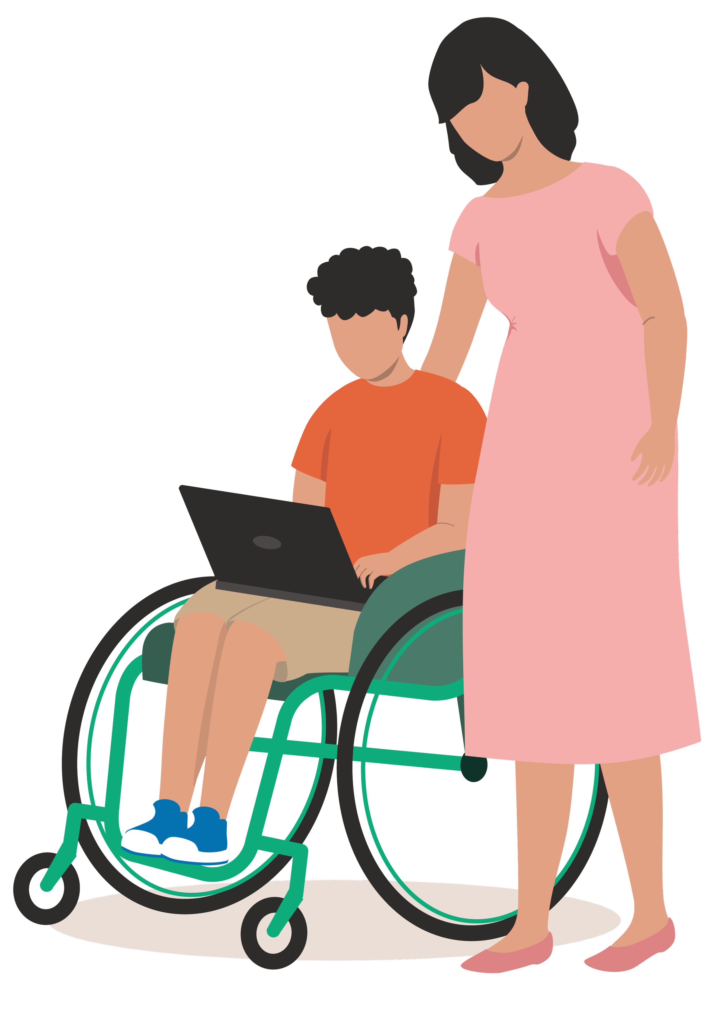 A woman in a pink dress stands next to a boy in an orange shirt sitting in a wheelchair while working on a laptop.