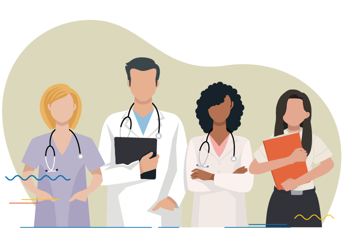 Illustration of four healthcare professionals, including doctors and nurses, standing together in a medical setting.
