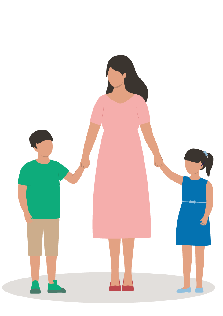 Illustration of a woman in a pink dress holding hands with a boy in a green shirt and khaki shorts on her left and a girl in a blue dress on her right, standing on a white oval surface.