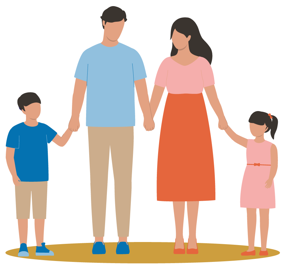 Family holding hands, with a father, mother, and two children standing outdoors on a grass patch.