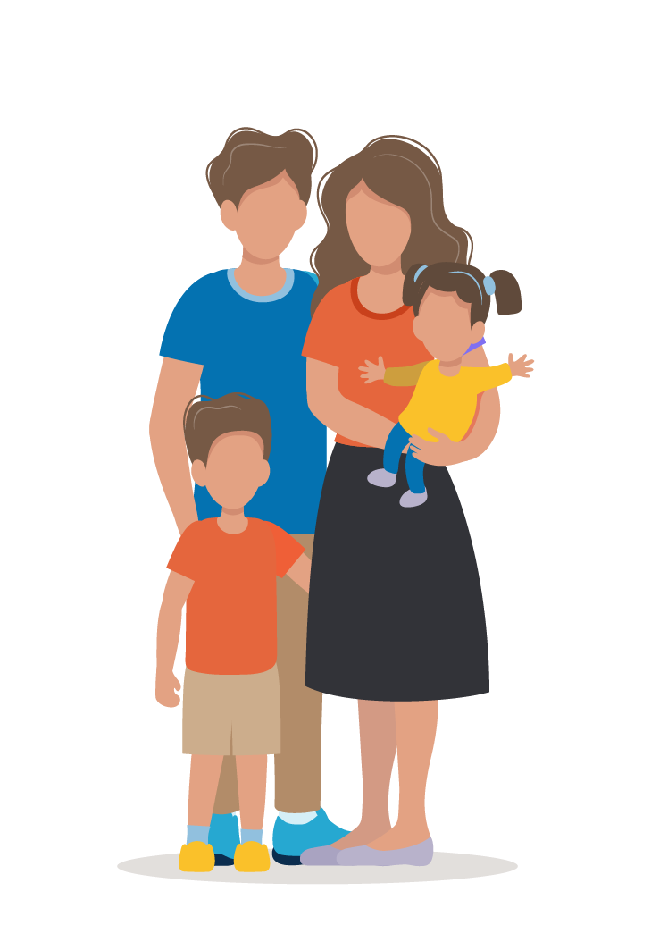 Cartoon illustration of a family of four, with a mother, father, and two children, standing together, smiling, and happy.