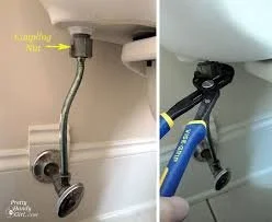 Two side-by-side images of plumbing repairs: the left shows a damaged water pipe with a knotted hose connected at the bottom, and the right shows a person using a pipe wrench to work on a pipe under a sink.