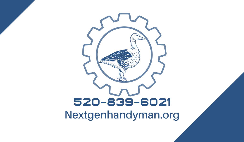 Logo for NextGen Handyman featuring a gear with a goose inside, contact number 520-839-6021, and website NextGenHandyman.org.