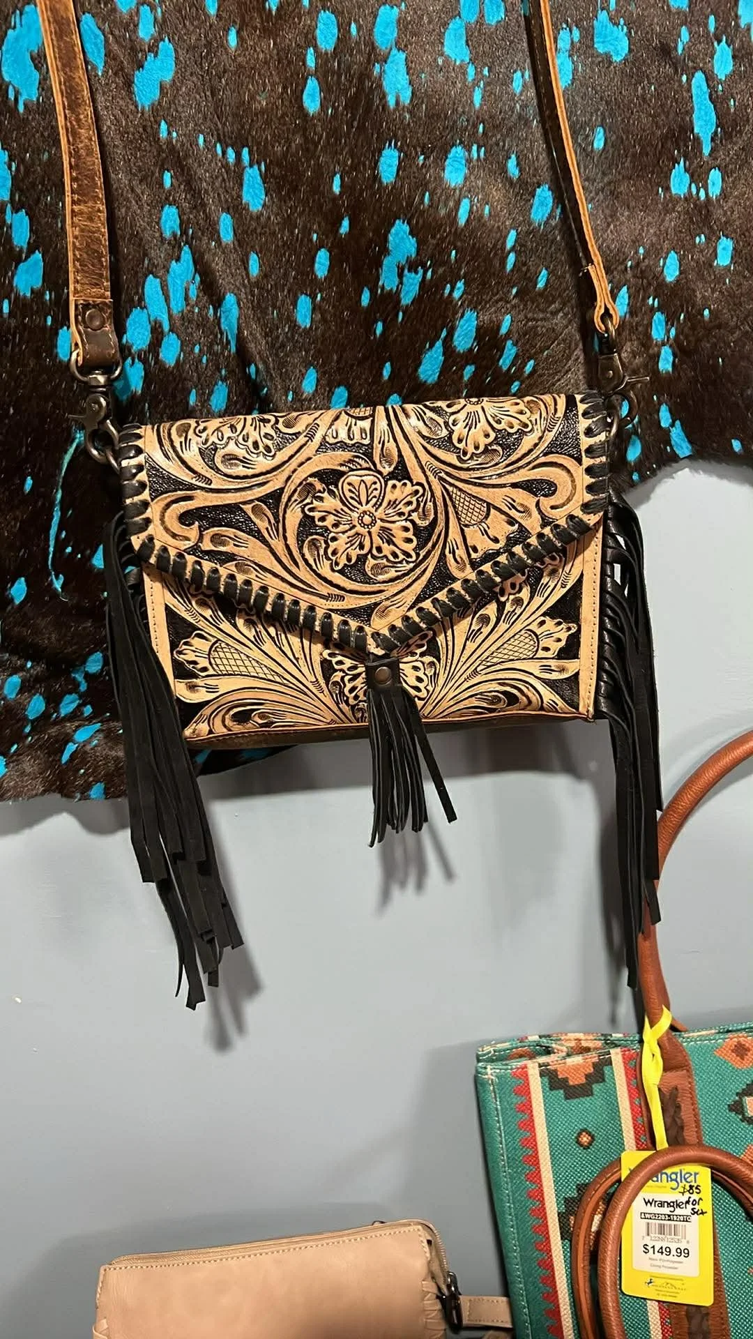 Genuine tooled leather crossbody