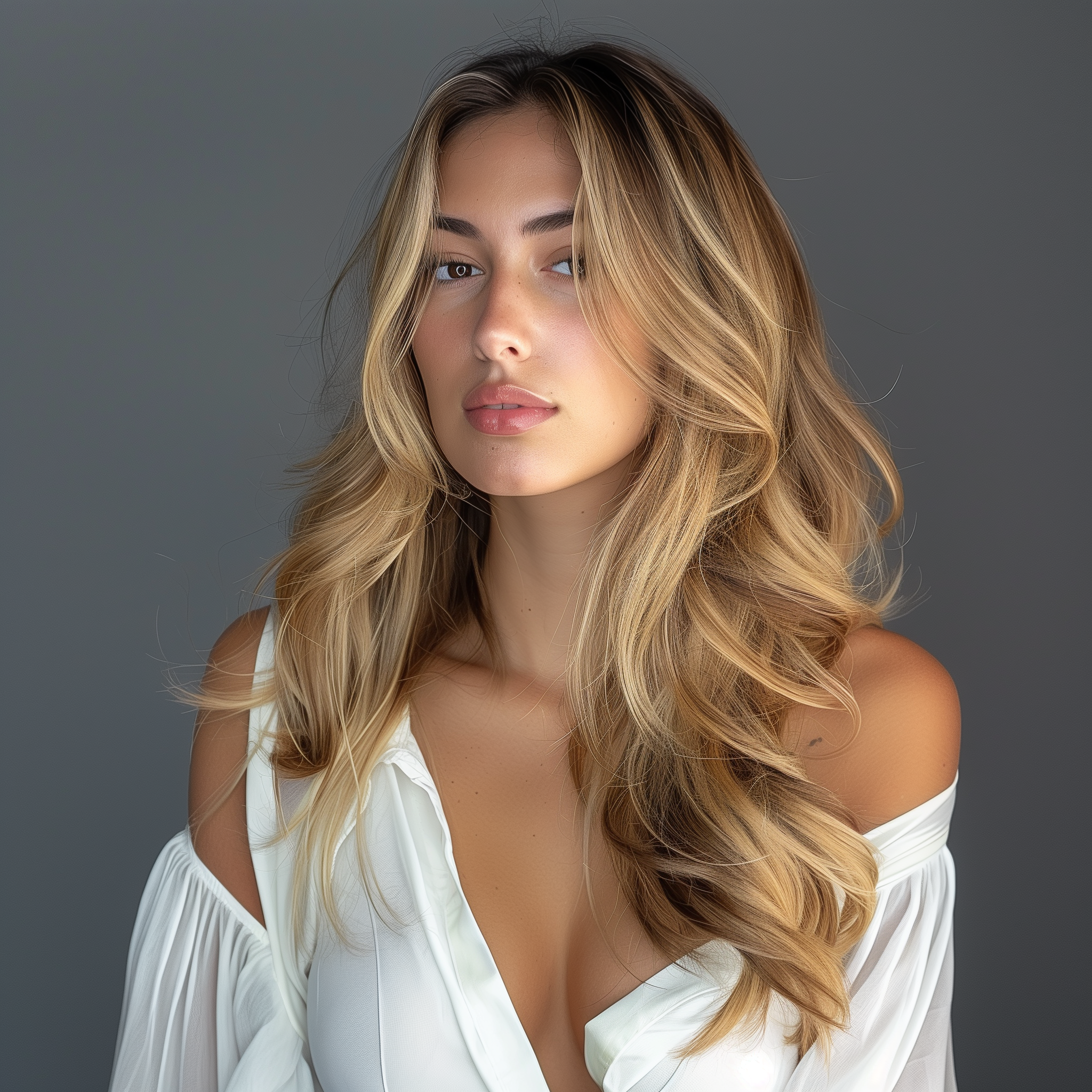 A young woman with blonde, wavy hair and light skin, wearing a white off-shoulder top, poses against a gray background.