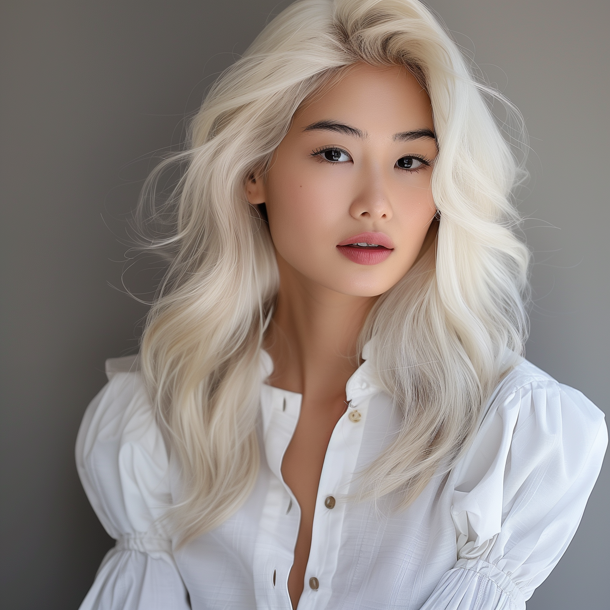 Portrait of a young woman with platinum blonde wavy hair, wearing a white button-up shirt, against a gray background.