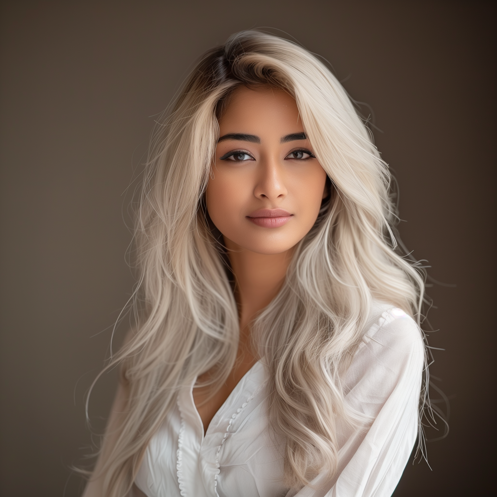 A woman with long, wavy platinum blonde hair and light makeup, wearing a white blouse, against a neutral background.