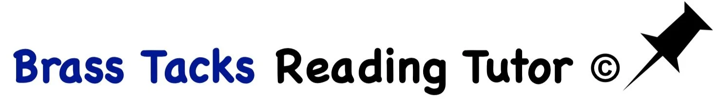 Logo for Brass Tacks Reading Tutor with the text "Brass Tacks" in blue, "Reading Tutor" in black, and a graphic of a pushpin on the right.