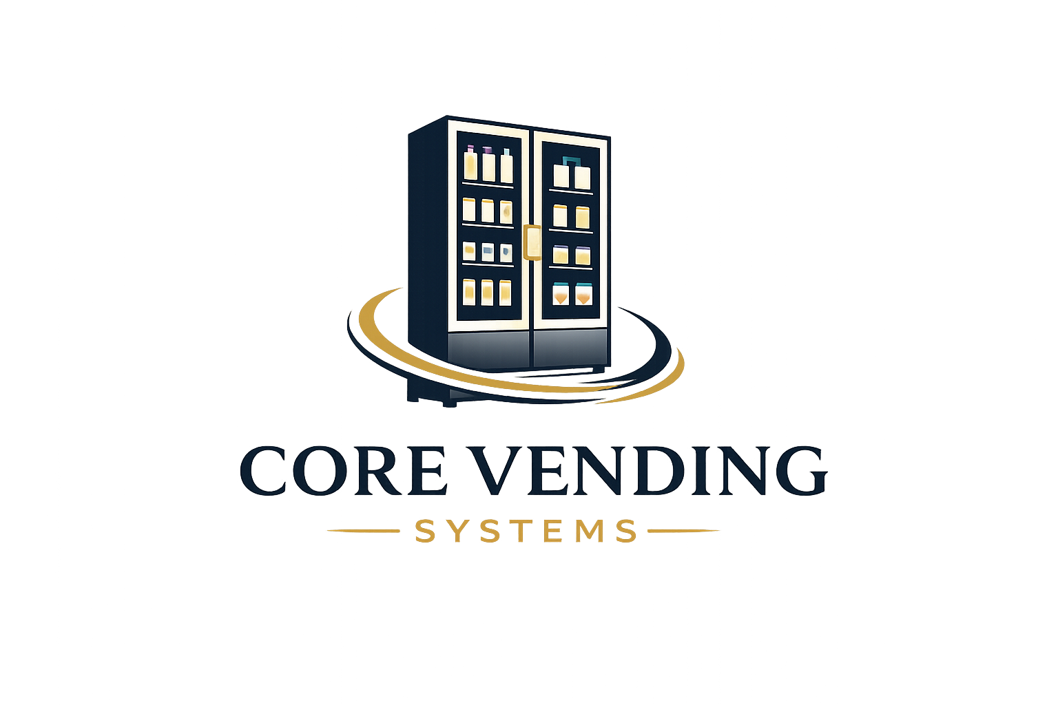 Logo for Core Vending Systems featuring an illustration of a vending machine with a gold swoosh design.