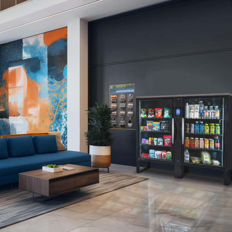 Lobby area with blue sofa, wooden coffee table, large abstract mural, vending machines, and a potted plant.