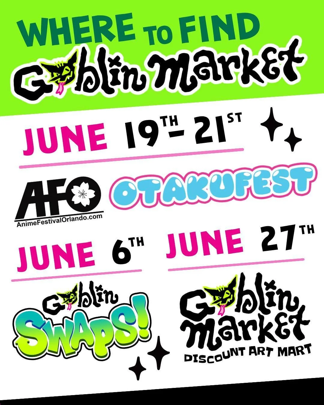 HELLO JUNE! 🌈 ☀️ PRIDE is here and that means Goblin Market (and FRIENDS!) have some fun adventures for you to join us on!!!

JUNE 19 - JUNE 21 👭 You're not seeing double! 

Catch us at @Otakufestfl in West Palm Beach! 🌴 We're bringing quests, tra