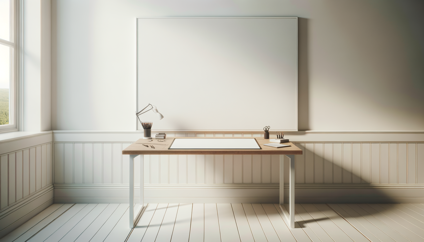 Despacho con escritorio de madera, pizarra blanca en la pared, ventana con vista a naturaleza, luz natural, objetos de oficina como lápices, tijeras y libretas.