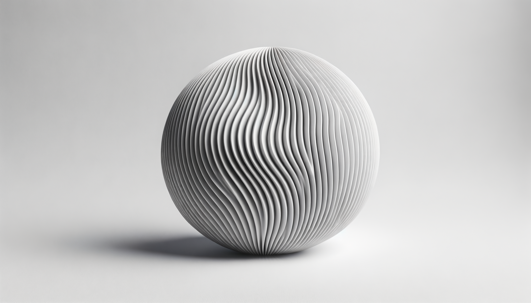 Esfera blanca con líneas curvas que crean un patrón ondulado en un fondo gris claro.