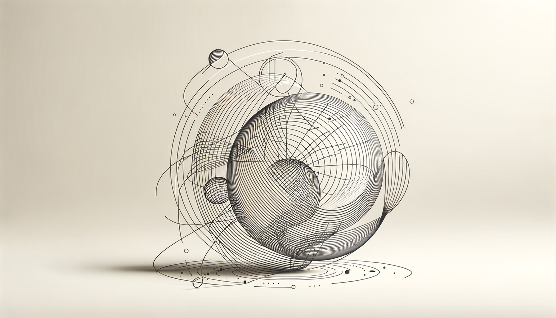Representación abstracta de esferas y líneas en un estilo de dibujo técnico con fondo beige.