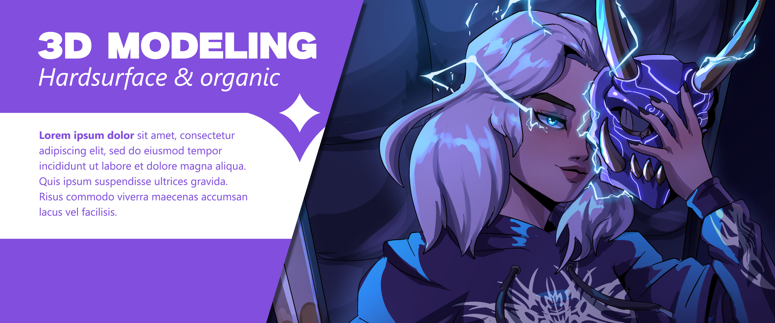 Ilustración digital de una mujer con cabello largo y rubio, sosteniendo una máscara de unicornio con relámpagos azules, en un entorno oscuro colorido.