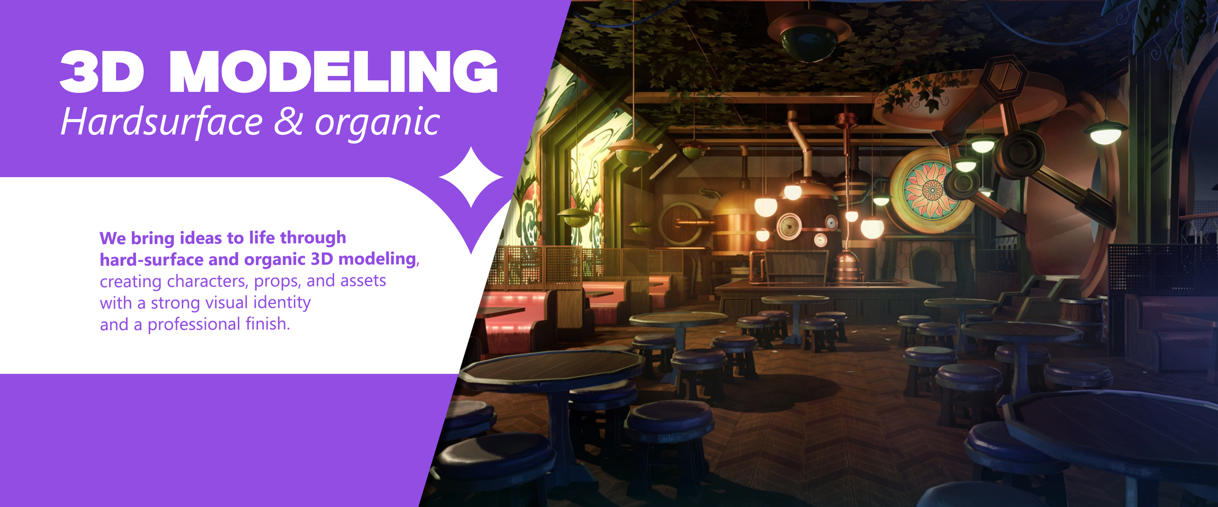 Interior de un restaurante con decoración artística, mesas y sillas de madera, iluminación cálida y detalles en verde y cobre.