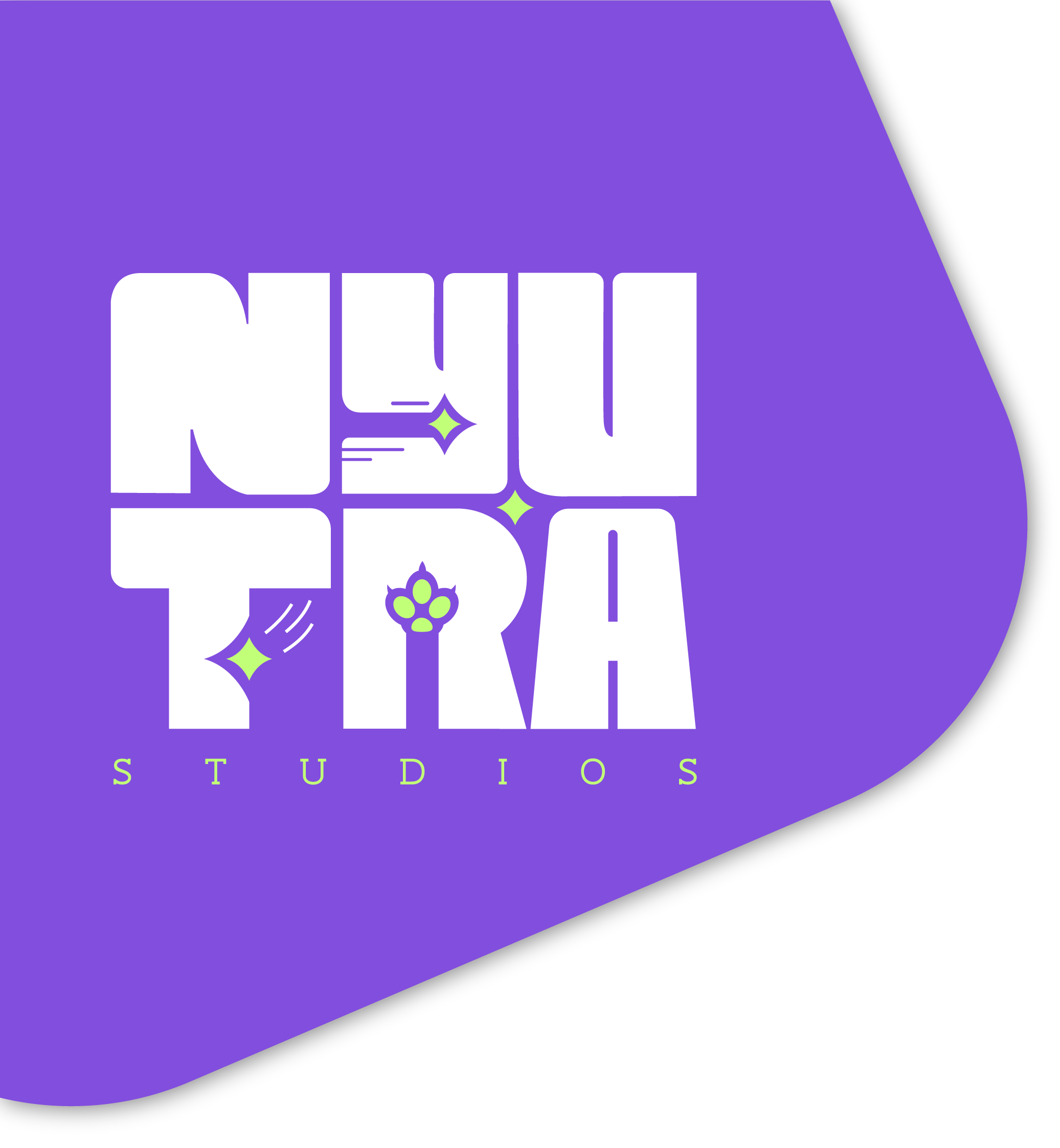 Logotipo de NeoTira Studios con letras grandes blancas y detalles en verde y morado, sobre fondo púrpura con forma de burbuja.