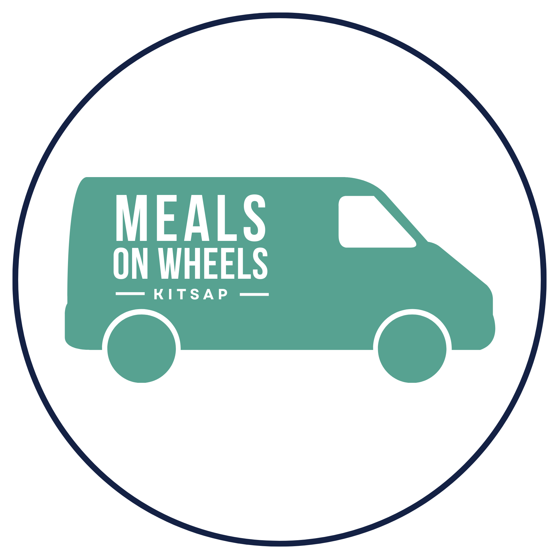 Logo for Meals on Wheels Kitsap featuring a teal delivery van with white text.