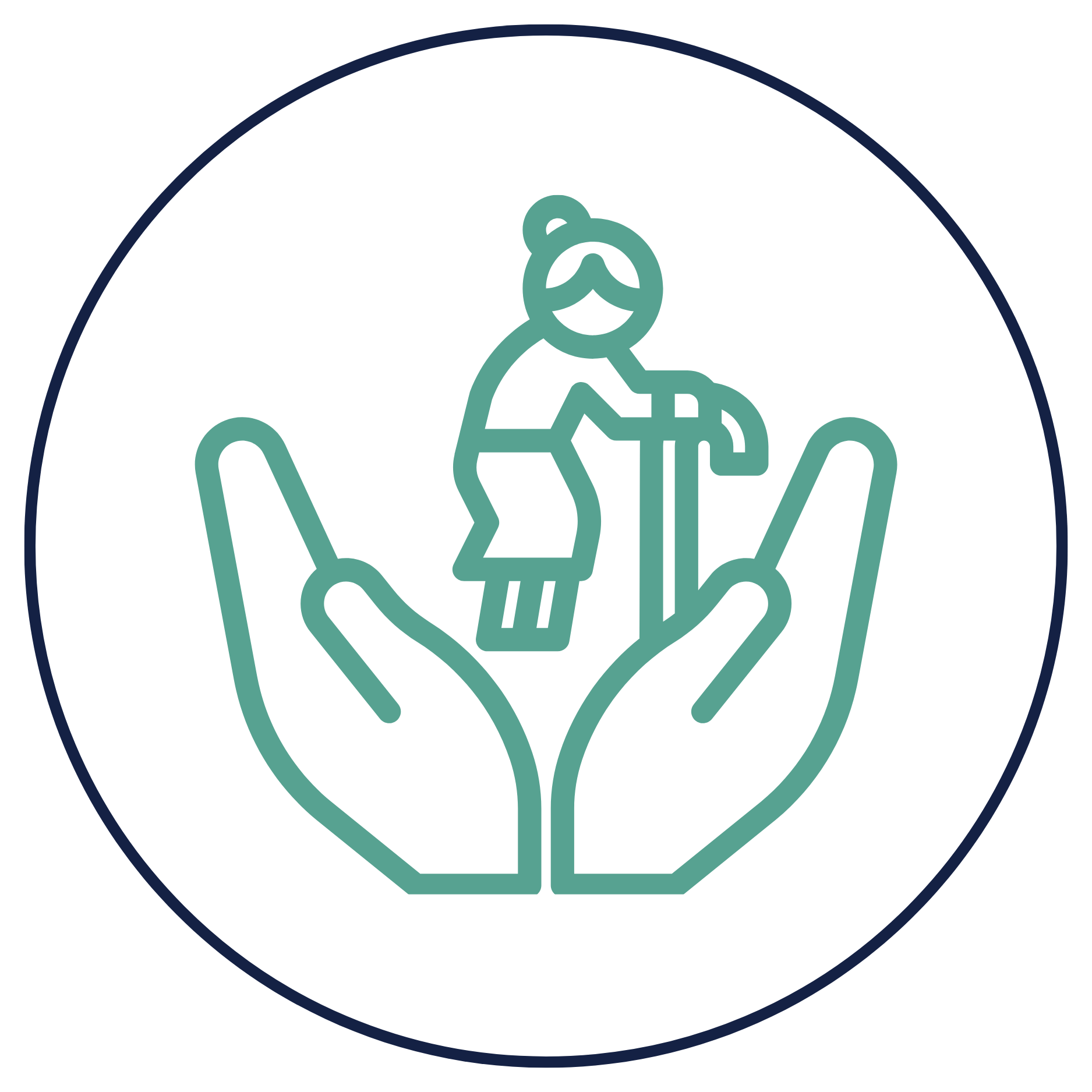 Icon of a large hand holding a small person with a walking cane, representing caregiving or support.