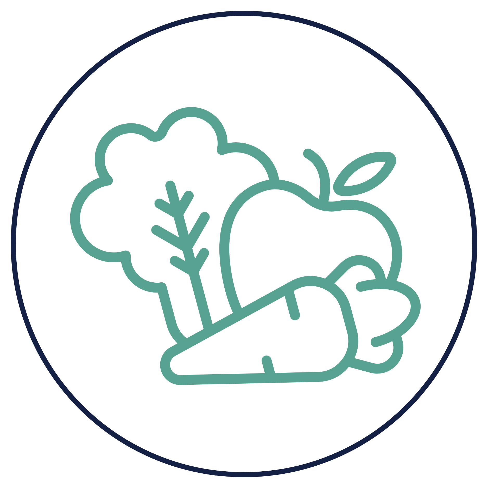 Outline drawing of vegetables including a broccoli floret, an apple, and a carrot inside a circular border.
