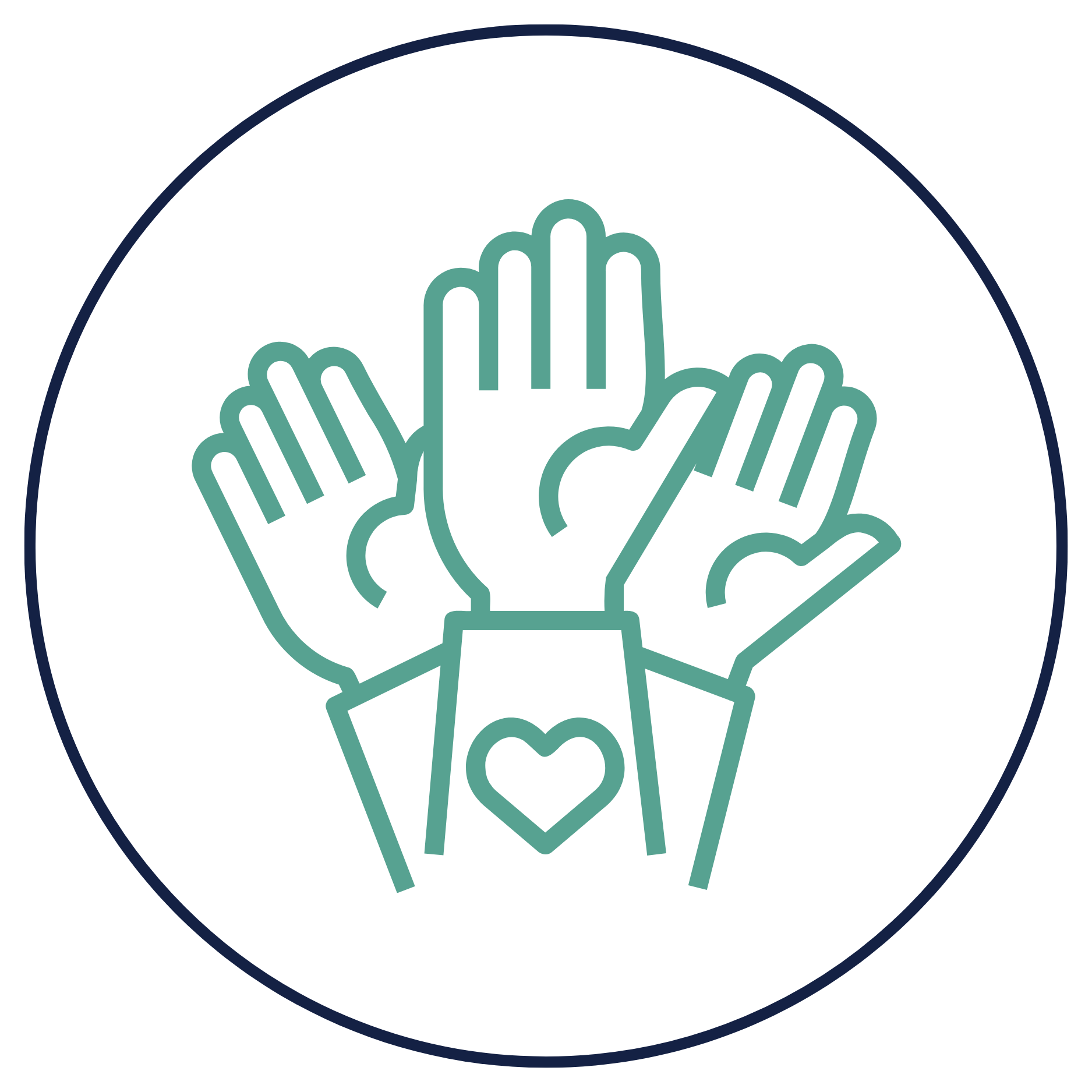 Line drawing of four hands with heart symbols on sleeves raised in a high-five gesture, inside a circular frame.