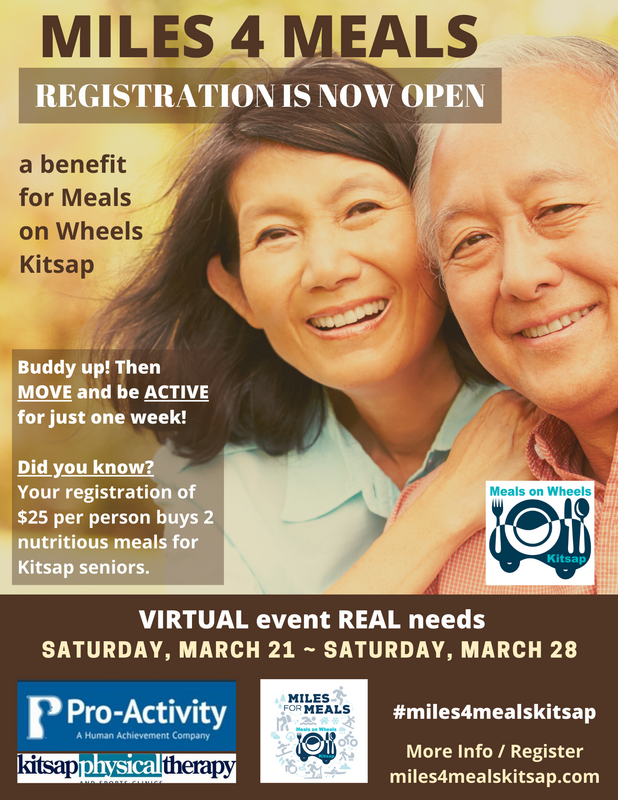 A promotional flyer for Miles 4 Meals, a benefit for Meals on Wheels Kitsap. It features a smiling older man and woman, and includes event details such as virtual event dates, registration information, and logos of sponsor organizations.