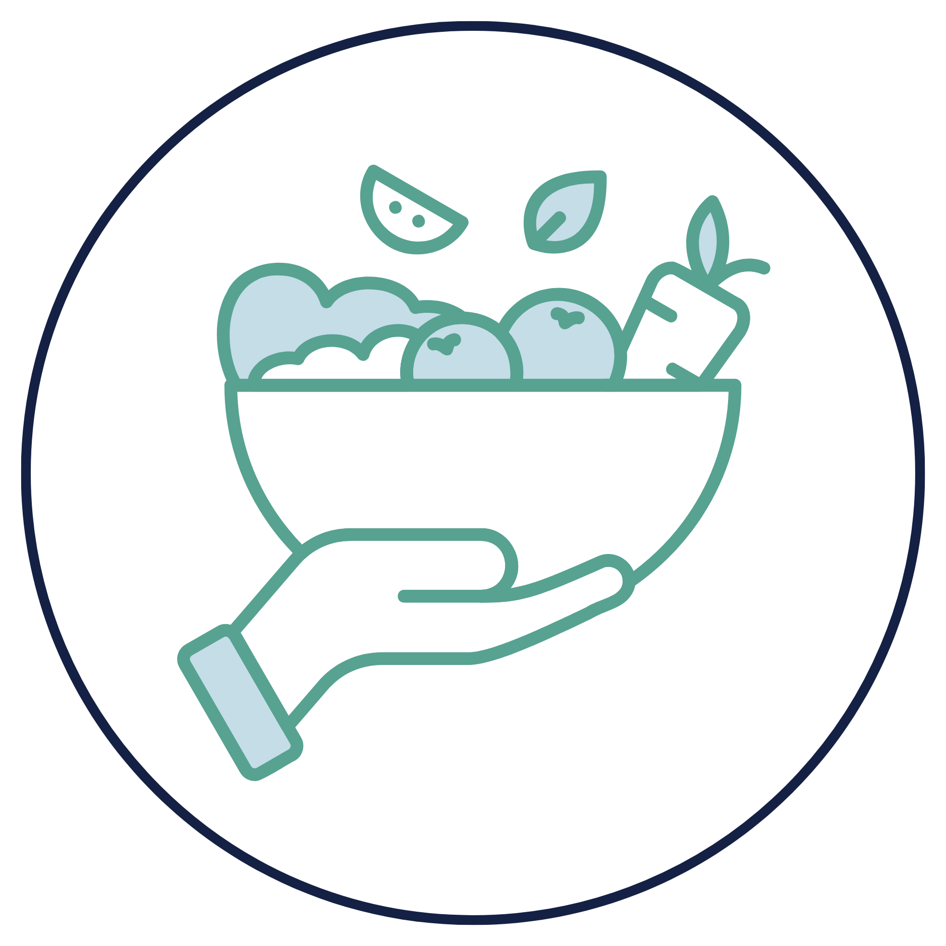 Line art illustration of a hand holding a bowl of fresh vegetables including carrots, tomatoes, and leafy greens with floating lettuce and cucumber slices.