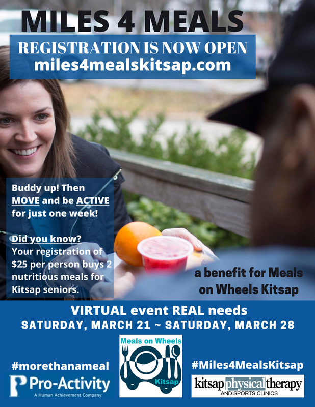 Flyer promoting the Miles 4 Meals virtual event for Meals on Wheels Kitsap, encouraging registration and physical activity, with a smiling woman holding food.