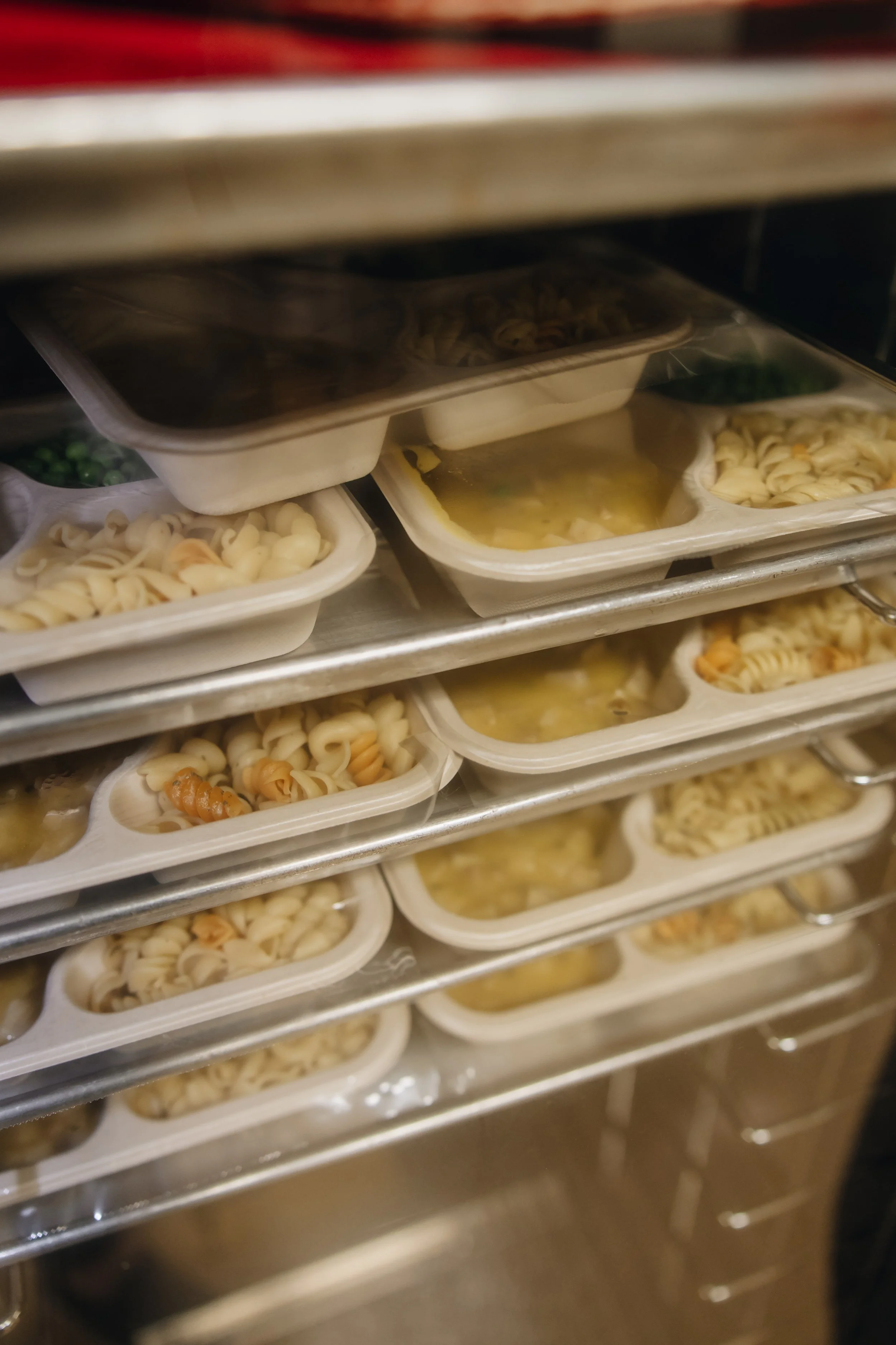 Frozen trays of cooked pasta with various sauces stored in a commercial freezer.