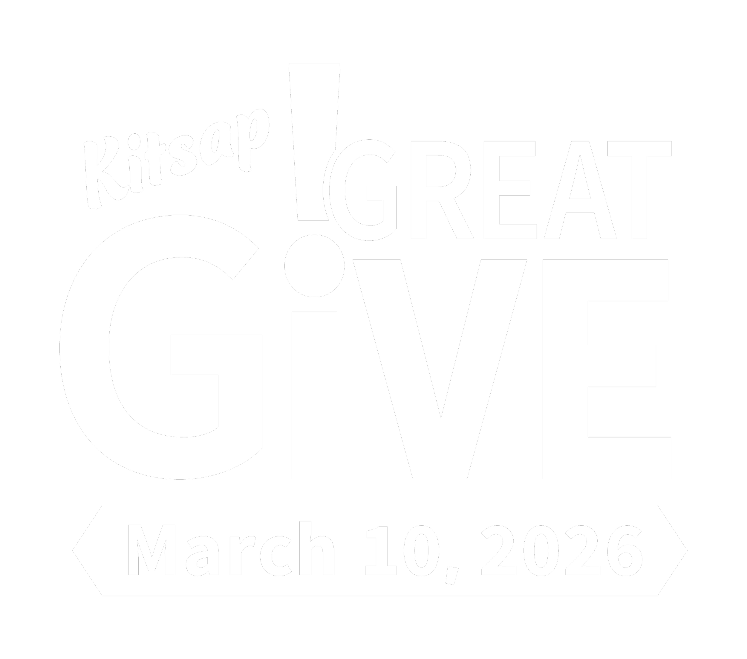 A black and white graphic with the text "Kitsap Great Give March 10, 2026", emphasizing the words "Great Give" with large, bold fonts and the date in a banner at the bottom.
